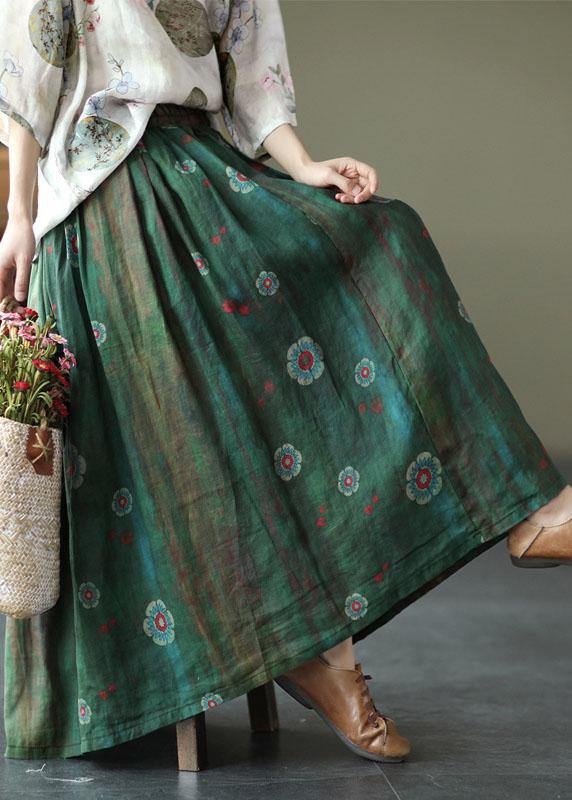  Women Green Print Ramie Elastic Waist Skirt - Skirts - DYAVOR® 