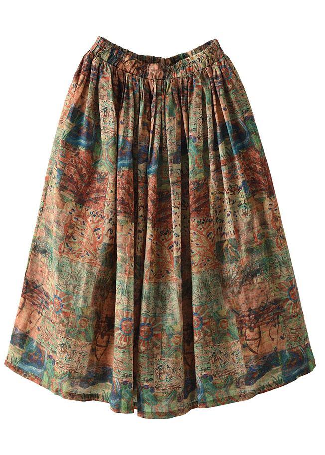  Women Green Print Ramie Elastic Waist Skirt - Skirts - DYAVOR® 