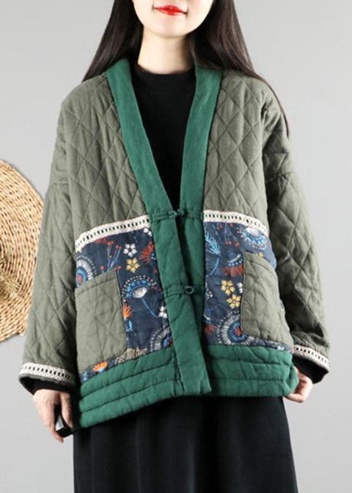  Women Green V Neck Fine Cotton Filled Puffers Jackets Winter - Down Jackets - DYAVOR® 
