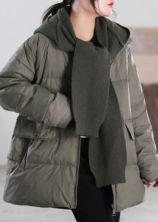  Women Grey Green Zippered Patchwork Removable Hooded Duck Down Down Coats Winter - Down Jackets - DYAVOR® 