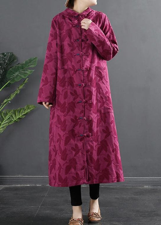  Women Hooded Chinese Button Rose Jacquard Robes Dress - Trench coats - DYAVOR® 