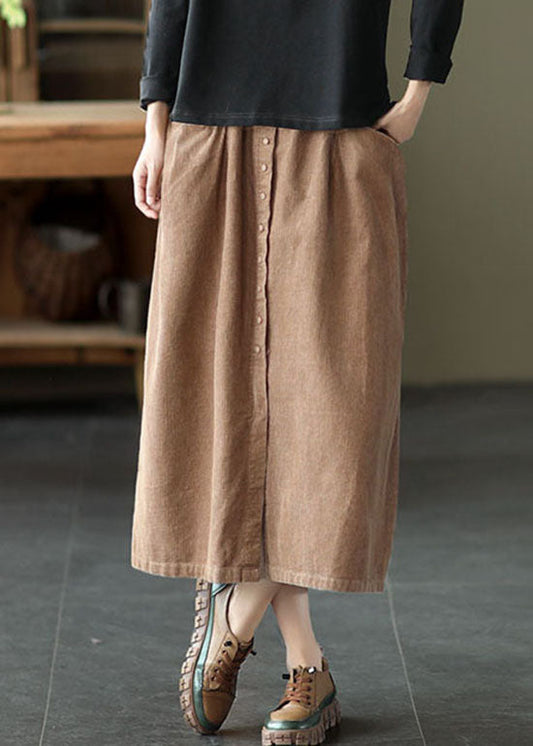  Women Khaki elastic waist button Pockets Corduroy Skirts Spring - Skirts - DYAVOR® 