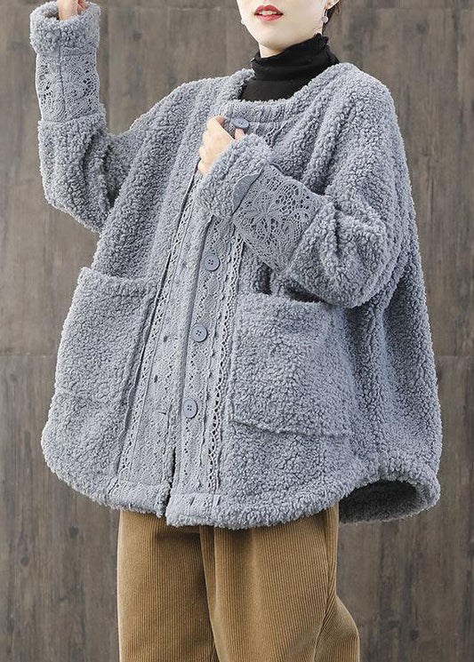  Women Light Blue O-Neck Oversized Lace Patchwork Teddy Faux Fur Coats Winter - Down Jackets - DYAVOR® 