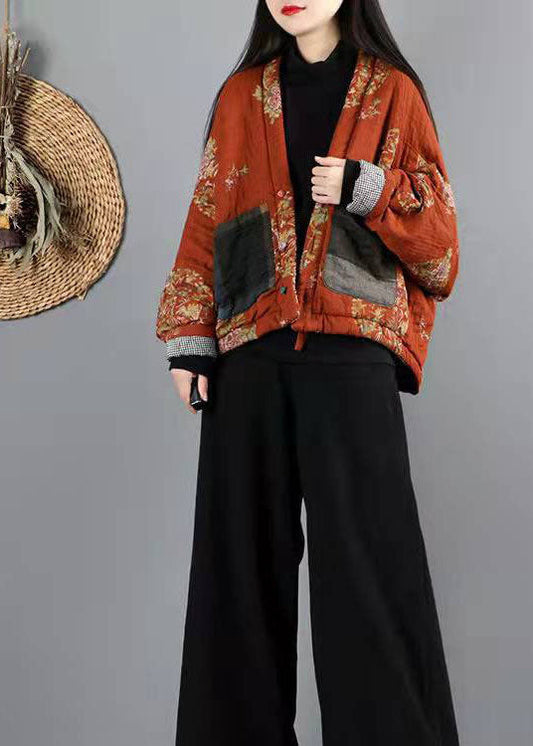  Women Orange V Neck Fine Cotton Filled Winter outwear - Down Jackets - DYAVOR® 