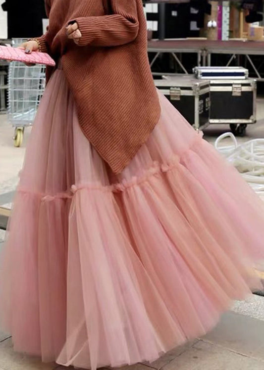 Women Pink High Waist Patchwork Pleated Tulle Fall Skirts - Skirts - DYAVOR® 