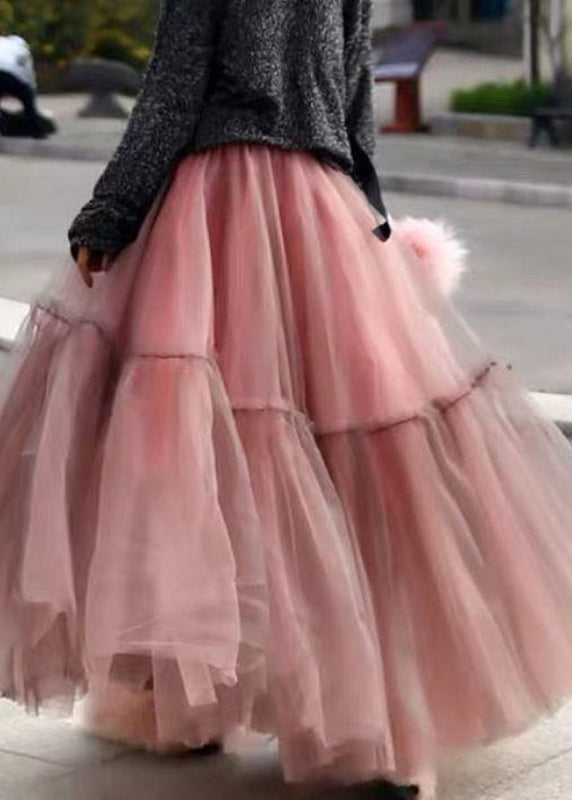 Women Pink Ruffled Tulle Cinched Circle Fall Skirt