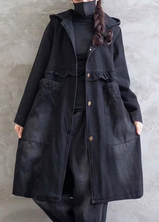  Women Plus Size Overcoat Denim Black Hooded Ruffles Outwear - Trench coats - DYAVOR® 