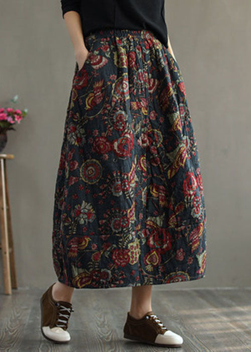  Women Red Elastic Waist Patchwork Print Fine Cotton Filled Skirt Winter - Skirts - DYAVOR® 