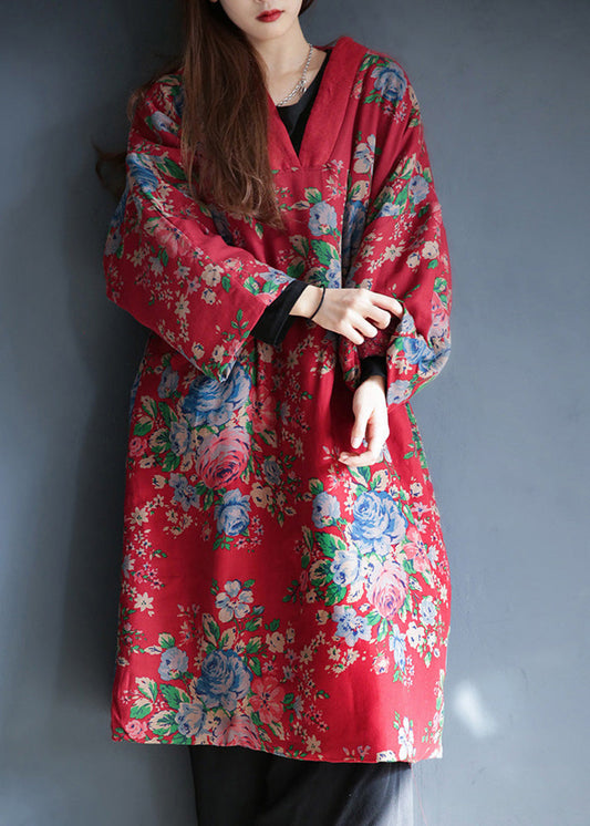  Women Red V Neck Print Warm Fleece Long Cotton Parka Winter - Down Jackets - DYAVOR® 