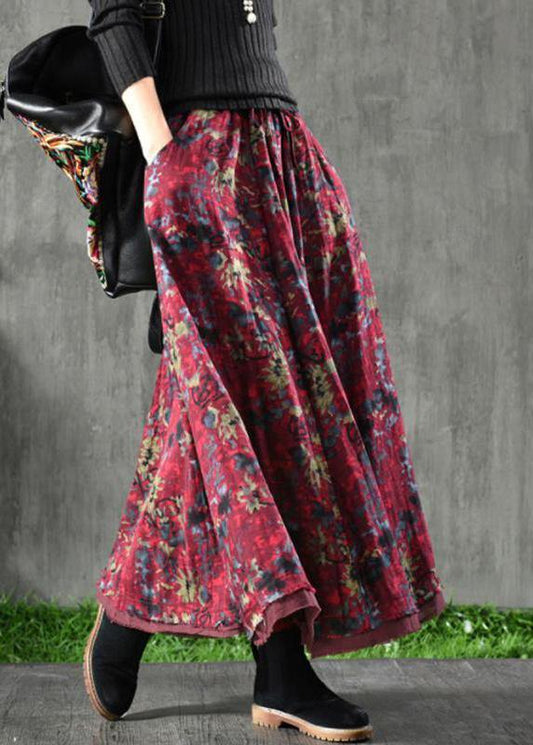  Women Velour Red Floral Skirt Maxi Length -  - DYAVOR® 