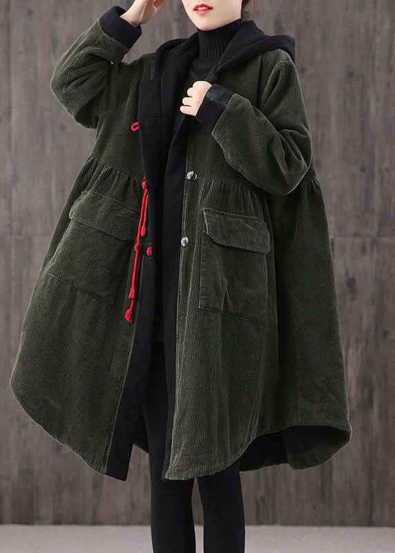 Women Tea Green hooded Button Pockets Patchwork Winter Cotton Parka Long sleeve Coat - Down Jackets - DYAVOR® 