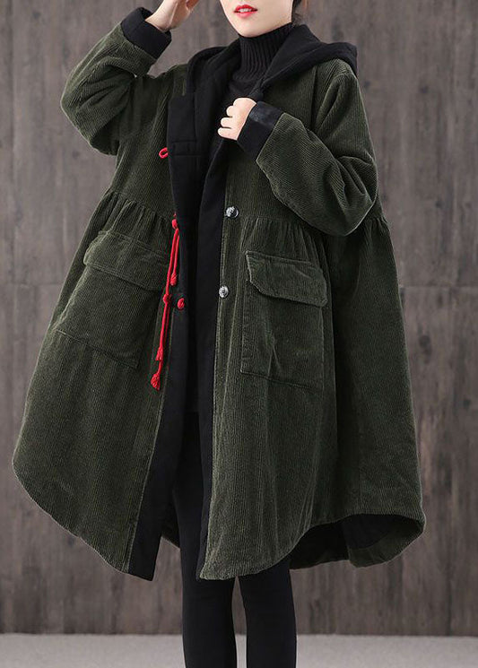  Women Tea Green hooded Button Pockets Patchwork Winter Cotton Parka Long sleeve Coat - Down Jackets - DYAVOR® 
