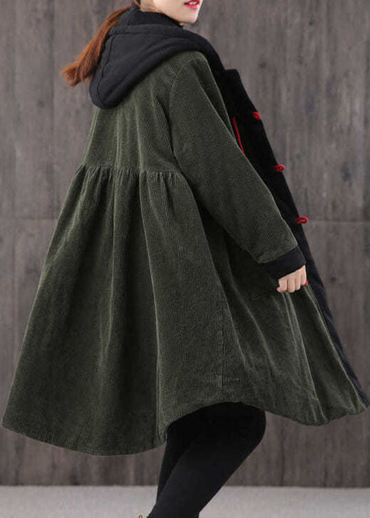  Women Tea Green hooded Button Pockets Patchwork Winter Cotton Parka Long sleeve Coat - Down Jackets - DYAVOR® 