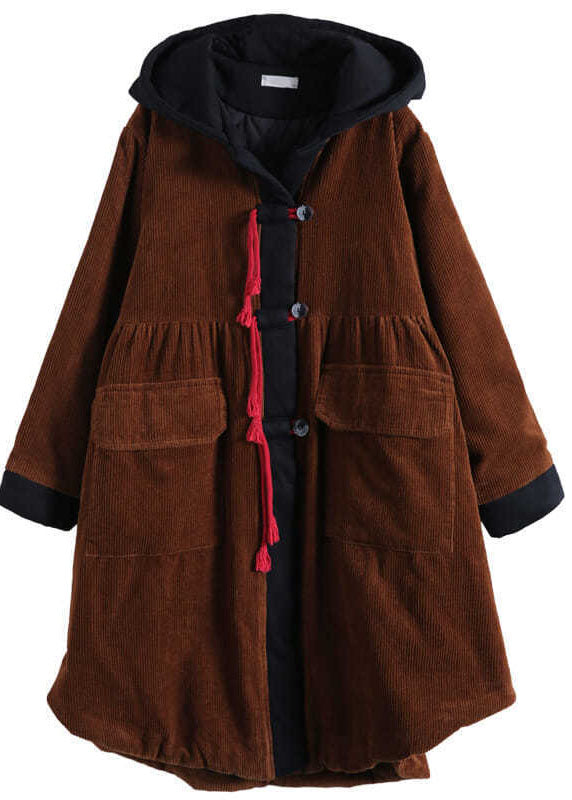  Women Tea Green hooded Button Pockets Patchwork Winter Cotton Parka Long sleeve Coat - Down Jackets - DYAVOR® 