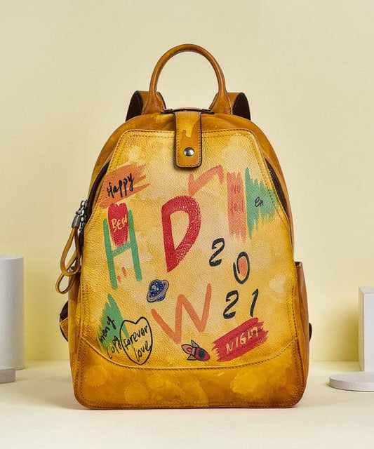  Women Yellow Graffiti Paitings Calf Leather Backpack Bag - Backpack Bag - DYAVOR® 