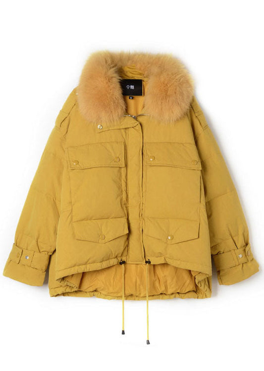  Yellow Hooded Fur collar drawstring Duck Down Puffers Jackets Winter - Down Jackets - DYAVOR® 