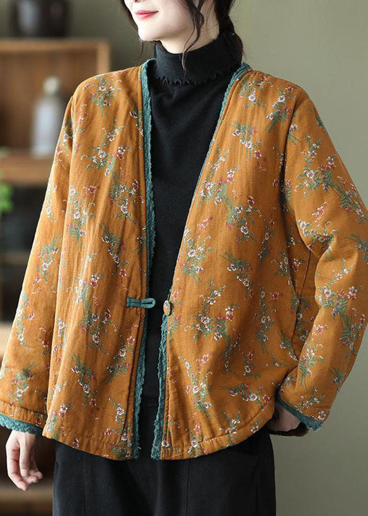  Yellow Patchwork Lace Fine Cotton Filled Cardigan V Neck Print Winter - Down Jackets - DYAVOR® 