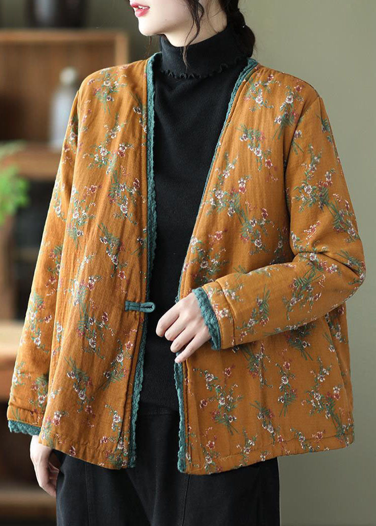  Yellow Patchwork Lace Fine Cotton Filled Cardigan V Neck Print Winter - Down Jackets - DYAVOR® 