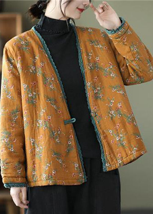  Yellow Patchwork Lace Fine Cotton Filled Cardigan V Neck Print Winter - Down Jackets - DYAVOR® 