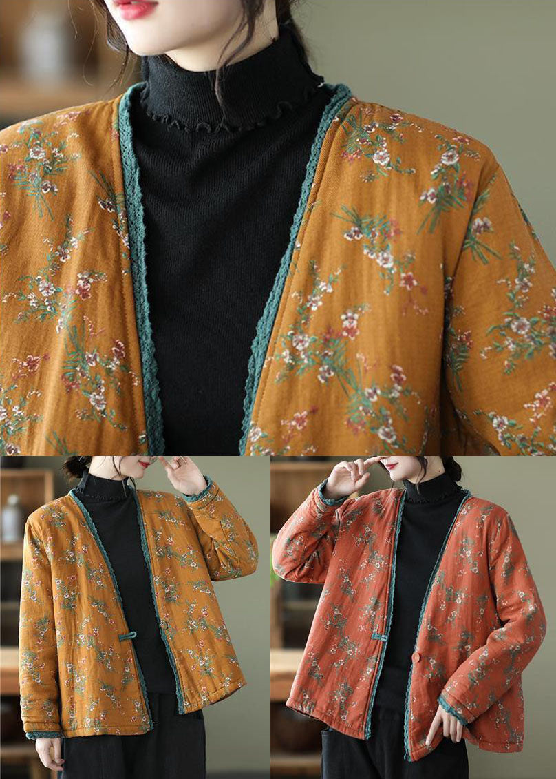  Yellow Patchwork Lace Fine Cotton Filled Cardigan V Neck Print Winter - Down Jackets - DYAVOR® 