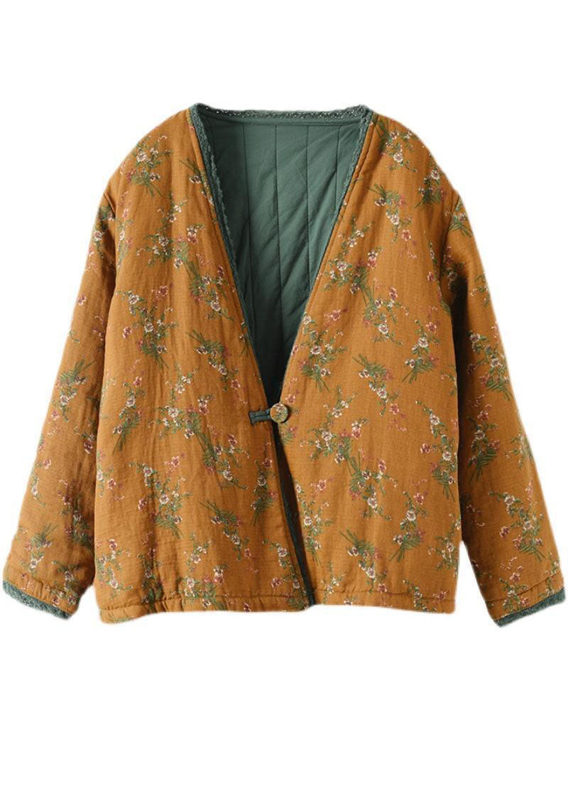  Yellow Patchwork Lace Fine Cotton Filled Cardigan V Neck Print Winter - Down Jackets - DYAVOR® 