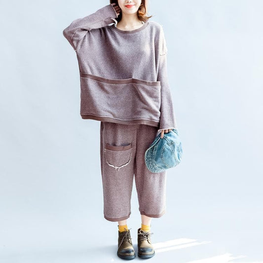  autumn light purple casual cotton knit tops and casual knit crop pants plus size pockets sport suit - Tops - DYAVOR® 
