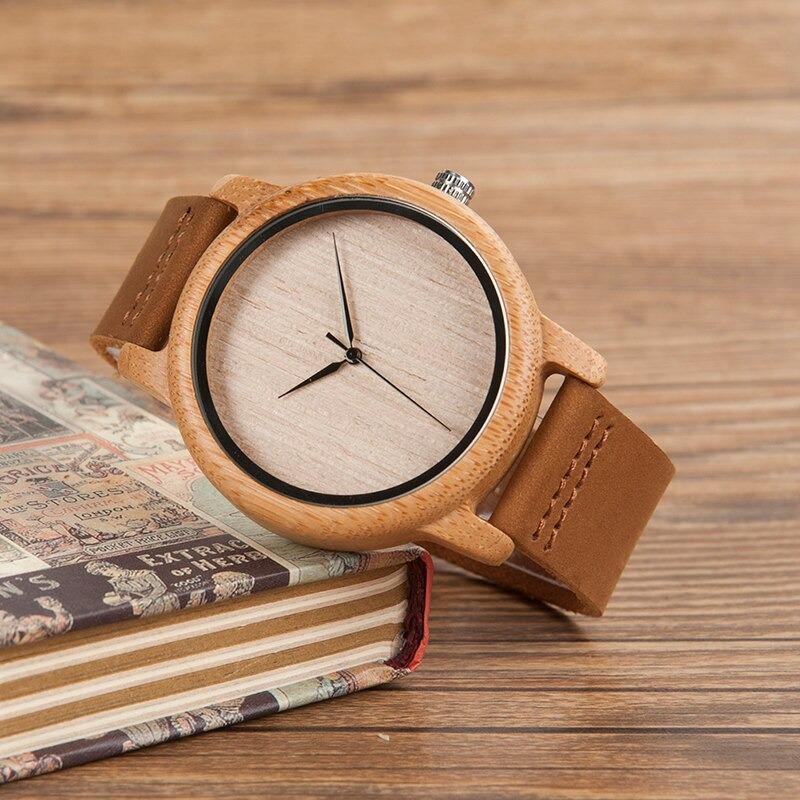 Bamboo Wood Quartz Watch with Scale Soft Leather Straps for Men & Women