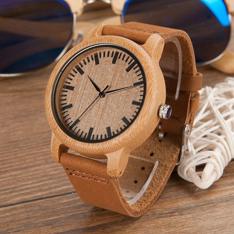 Bamboo Wood Quartz Watch with Scale Soft Leather Straps for Men & Women