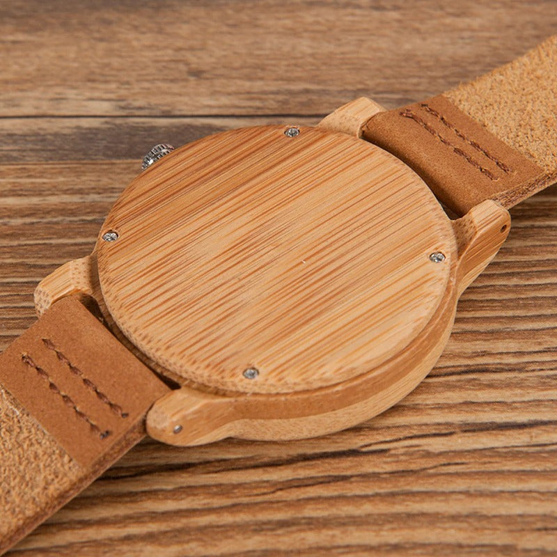 Bamboo Wood Quartz Watch with Scale Soft Leather Straps for Men & Women