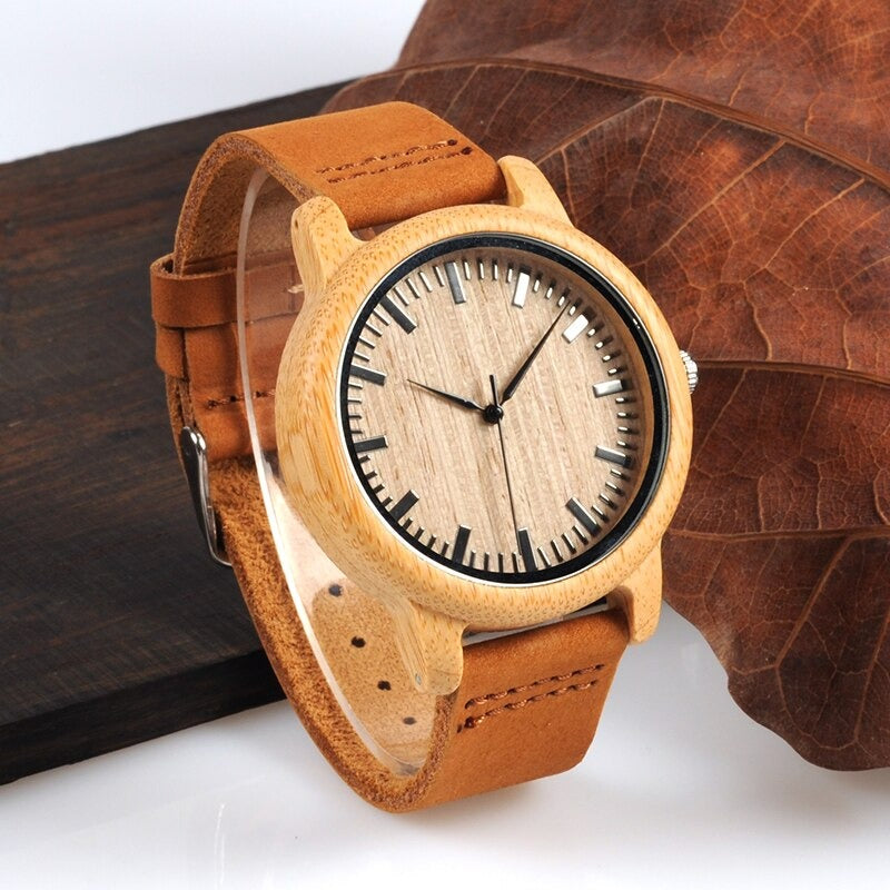 Bamboo Wood Quartz Watch with Scale Soft Leather Straps for Men & Women