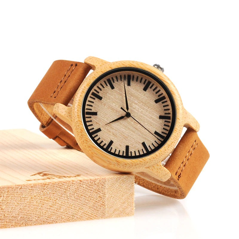 Bamboo Wood Quartz Watch with Scale Soft Leather Straps for Men & Women