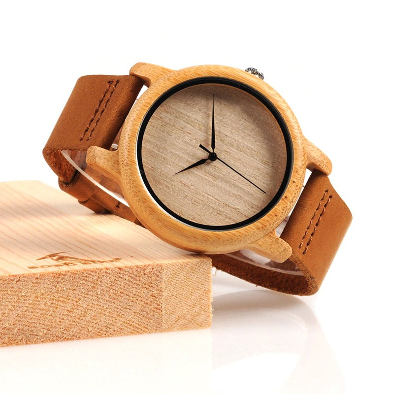 Bamboo Wood Quartz Watch with Scale Soft Leather Straps for Men & Women