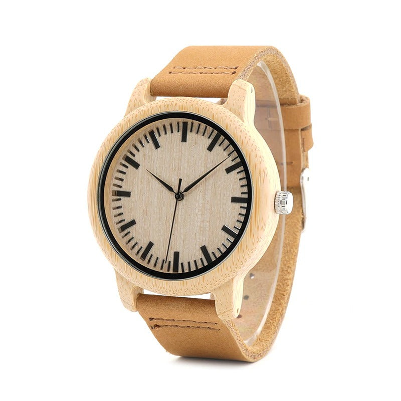 Bamboo Wood Quartz Watch with Scale Soft Leather Straps for Men & Women