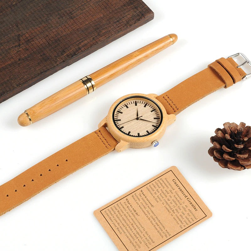 Bamboo Wood Quartz Watch with Scale Soft Leather Straps for Men & Women