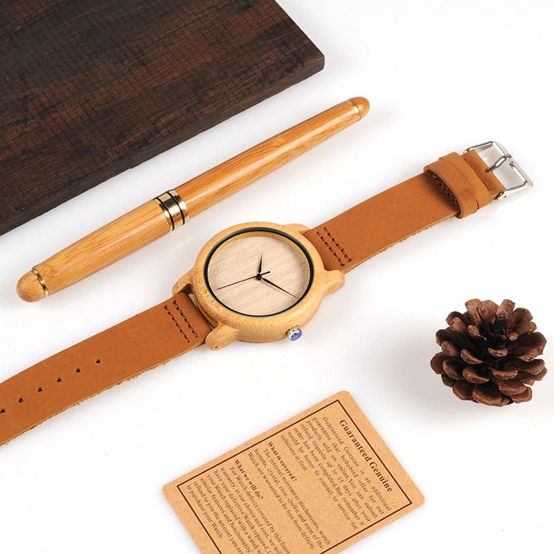 Bamboo Wood Quartz Watch with Scale Soft Leather Straps for Men & Women