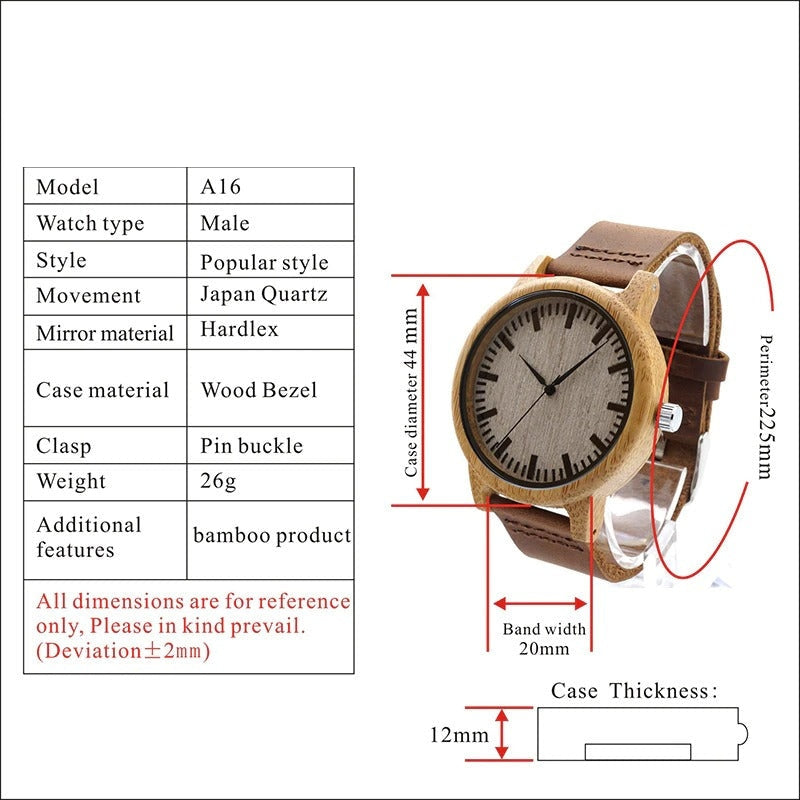 Bamboo Wood Quartz Watch with Scale Soft Leather Straps for Men & Women