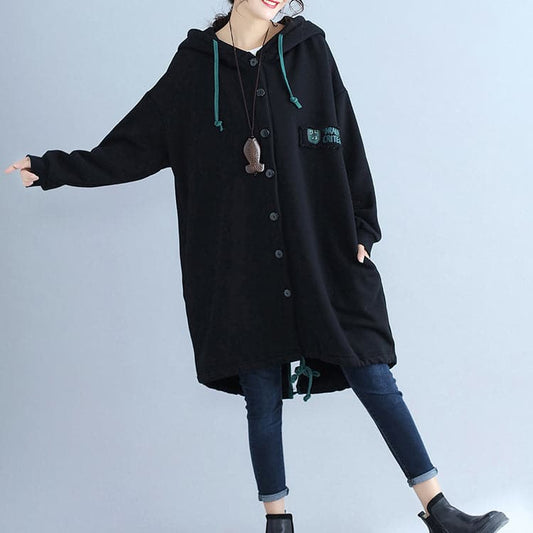  black fashion back prints cotton trench coats plus size hooded winter outfits -  - DYAVOR® 