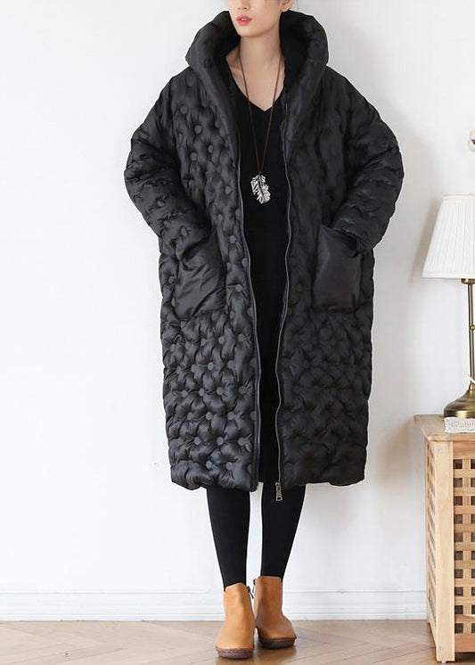  black loose large size hooded long padded jacket cotton thick coat -  - DYAVOR® 