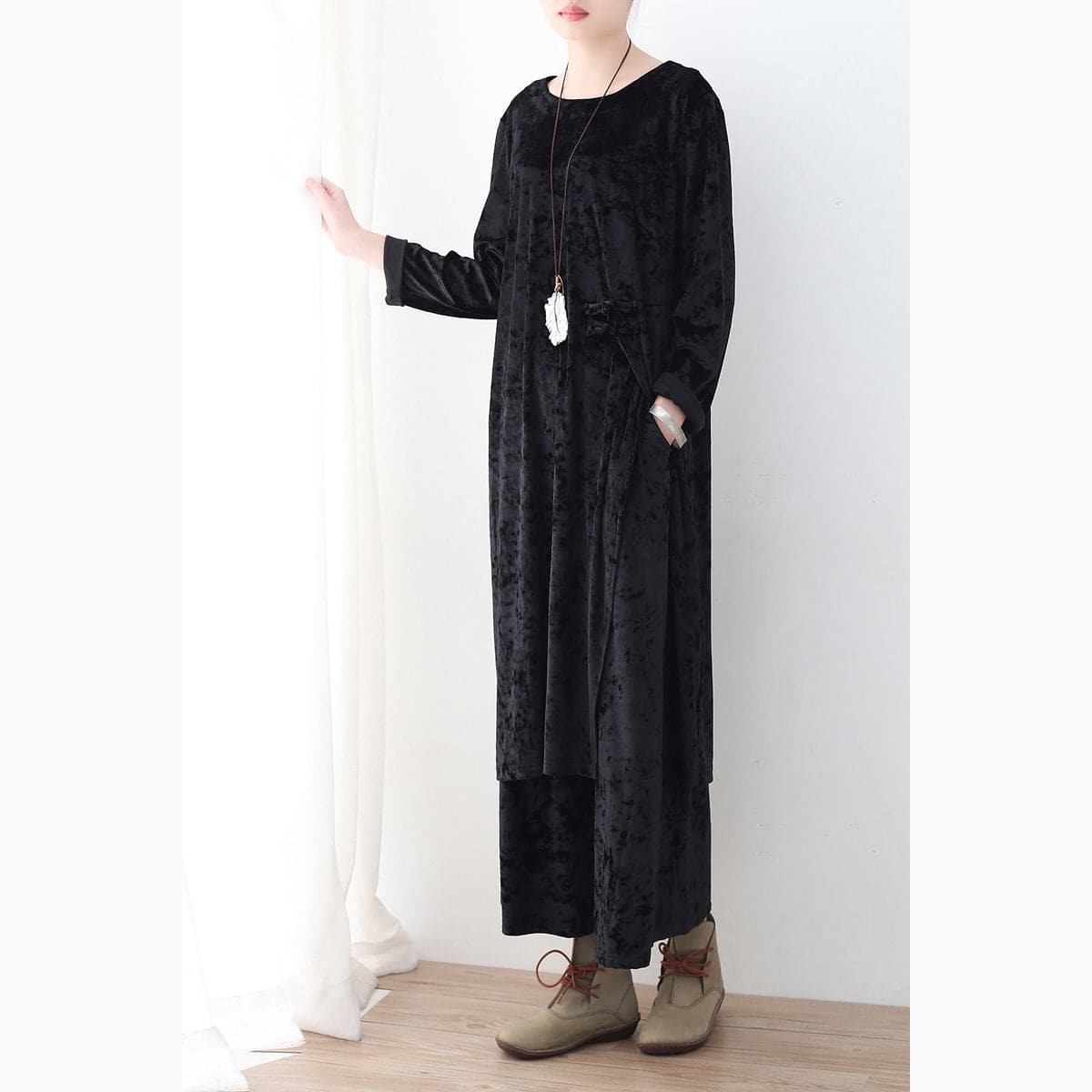  black two pieces autumn oversize corduroy pullover with cozy wide leg pants -  - DYAVOR® 