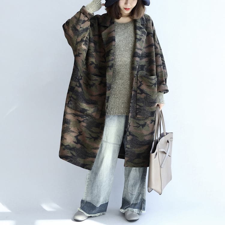  blackish green camouflage casual woolen cardigans oversize pockets long sleeve trench coats -  - DYAVOR® 