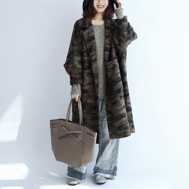  blackish green camouflage casual woolen cardigans oversize pockets long sleeve trench coats -  - DYAVOR® 