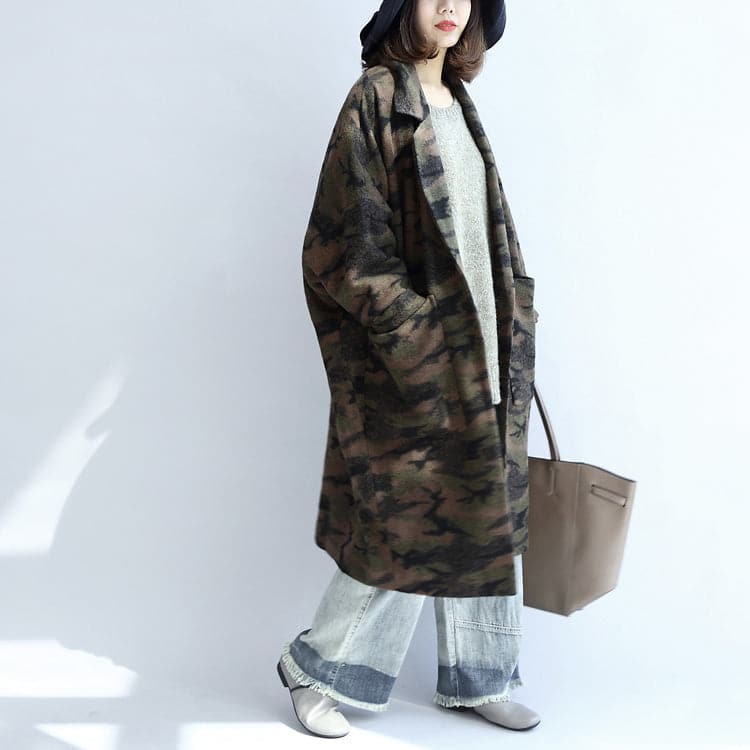  blackish green camouflage casual woolen cardigans oversize pockets long sleeve trench coats -  - DYAVOR® 