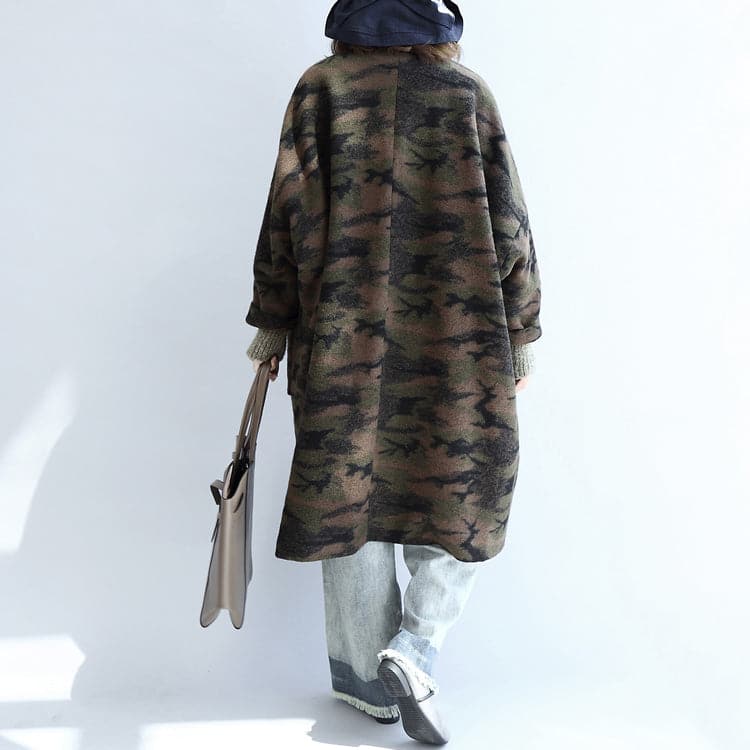  blackish green camouflage casual woolen cardigans oversize pockets long sleeve trench coats -  - DYAVOR® 