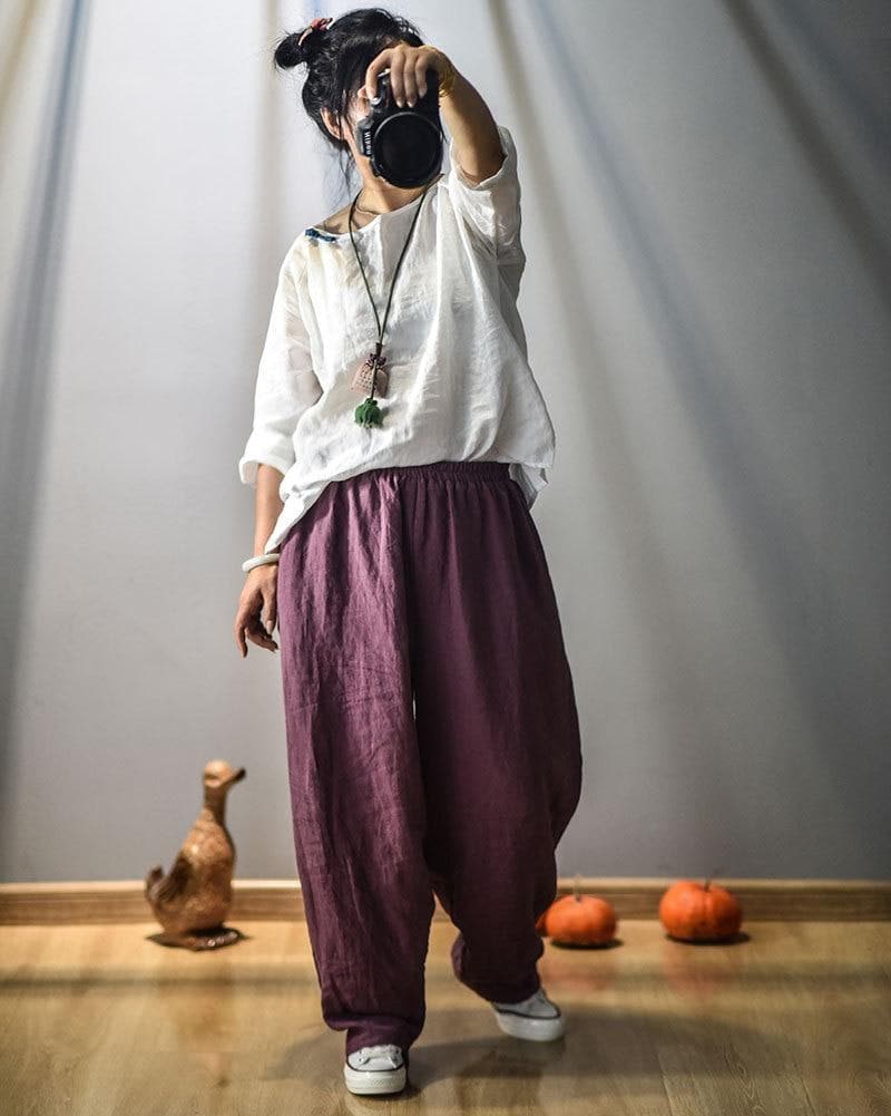  Elastic Waist Linen Trousers | Hippie -  - DYAVOR® 