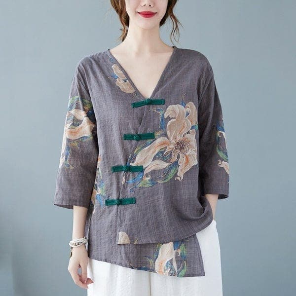  Floral Cotton Linen Oversized Blouse -  - DYAVOR® 