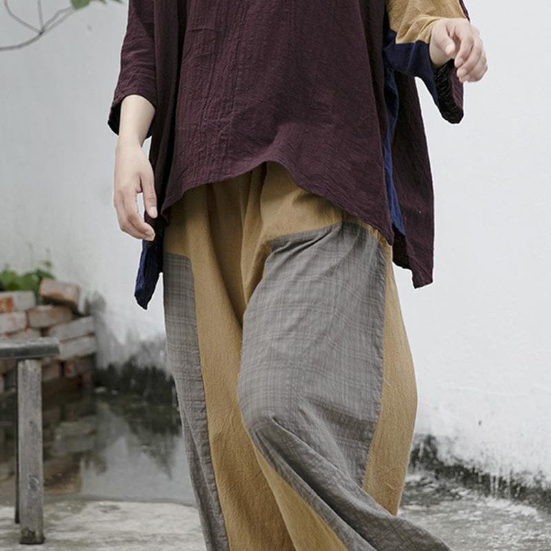  Loose Patchwork Cotton Linen Pants | Lotus - palazzo pants - DYAVOR® 