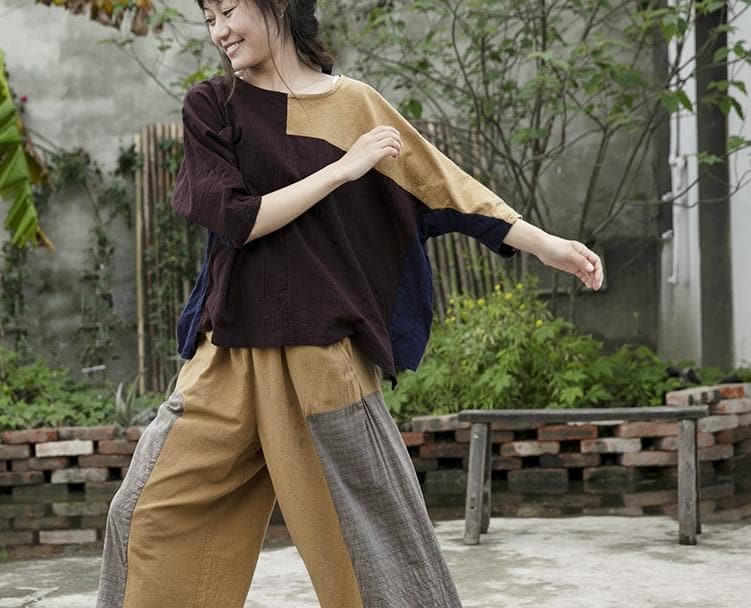  Loose Patchwork Cotton Linen Pants | Lotus - palazzo pants - DYAVOR® 
