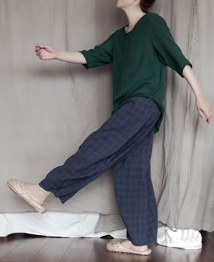 Blue Plaid Cotton Linen Pants | Lotus