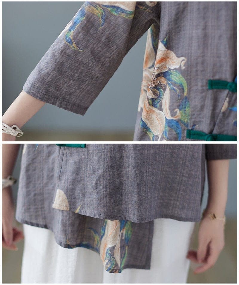  Floral Cotton Linen Oversized Blouse -  - DYAVOR® 