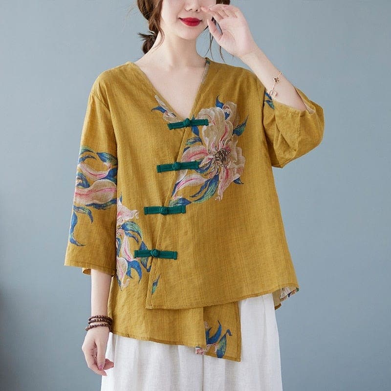  Floral Cotton Linen Oversized Blouse -  - DYAVOR® 